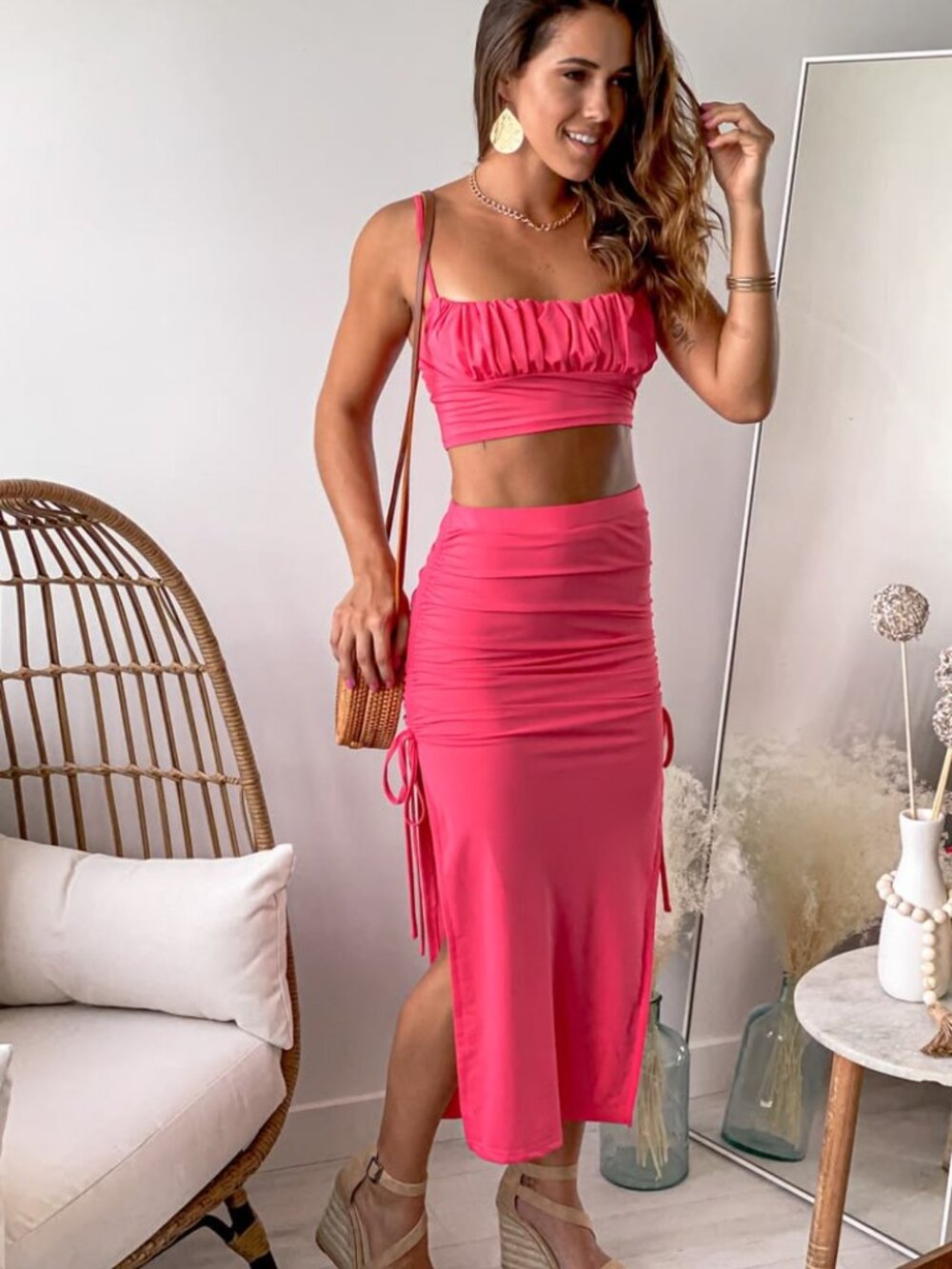 NWOT Saved by the Dress Red Coral Midi Skirt and Crop Top Two Piece Matching Set